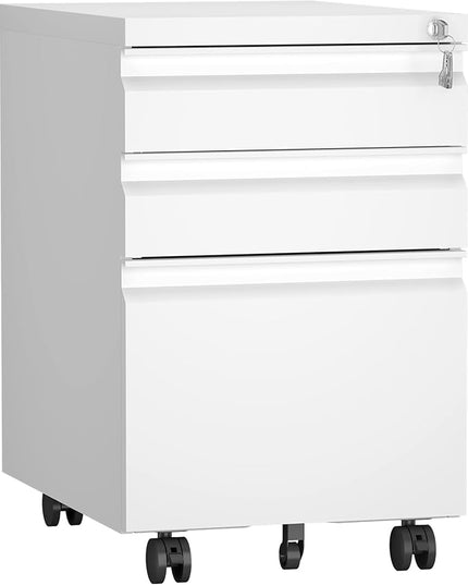 File Cabinet,3 Drawer File Cabinet with Lock,Metal Filing Cabinets with Wheels Under Desk,Small Moblie File Cabinets for Home Office,School,Letter/Legal/A4 Size,White