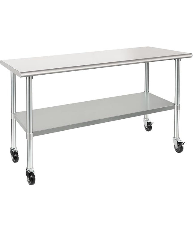 HARDURA Stainless Steel Table with Wheels 24 x 60 Inches Casters NSF Heavy Duty Commercial Work & Prep Table with Undershelf and Galvanized Legs for Restaurant Kitchen Bar and Hotel Garage
