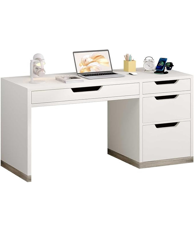52 Inch White Desk with 4 Drawers, Computer Desk with Storage for Small Spaces with Storage File Cabinet, Small Home Office Desk with Drawers for Bedroom