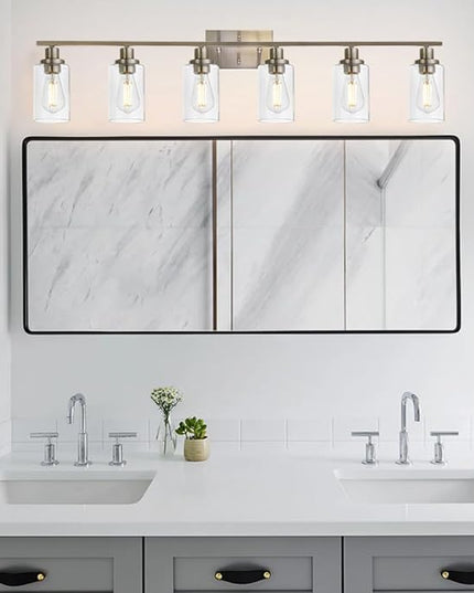 MELUCEE Modern Bathroom Vanity Light Fixtures 6-Light Brushed Nickel Contemporary Wall Light with Glass Shade for Kitchen Living Room Bedroom (Patent No.: US D963914 S)