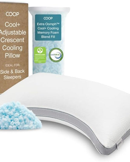 Coop Home Goods Cool+ Crescent Adjustable Pillow, King Size Plus Shaped Memory Foam Pillows with Cooling Gel, Neck Support, Back or Side Sleeper Pillow, CertiPUR US/GREENGUARD Gold