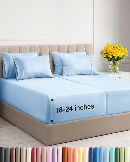 Extra Deep Split King Sheet Set - 7 Piece Breathable & Cooling Sheets - Hotel Luxury Bed Sheets Set - Easy Fit - Soft, Wrinkle Free & Comfy Sheets Set - Light Blue Sheet Set with Extra Deep Pockets