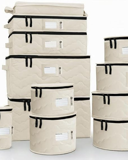 Hard Shell China Storage Containers 12-Piece Set Moving Boxes for Dinnerware, Glasses, Plates, Mugs and Saucers Sturdy Dish Organizer with Dividers for Seasonal Storage - Service for 12 -Beige Quilted