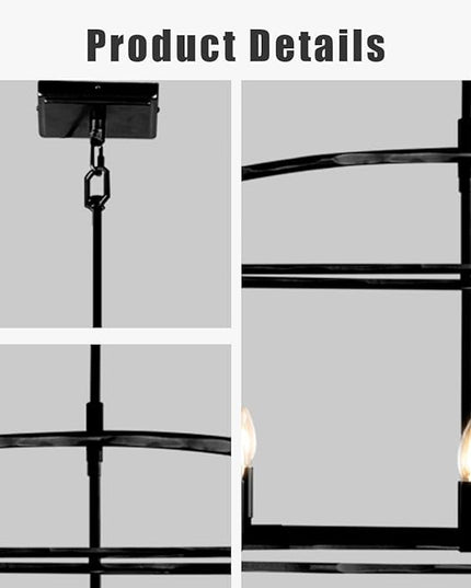 Farmhouse Iron Linear Chandelier, Industrial Cage Adjustable Height Hanging Lamp with Hammered Metal Finish, Light Fixtures for Kitchen Island, Dining Room, Hallway, Foyer, Entryway (Black)