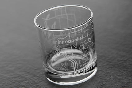 Well Told Engraved Minneapolis Minnesota Map Rocks Glass, Old Fashioned Whiskey Glass (11 oz, Clear) Etched Whiskey Glass, Gifts For Whiskey Lovers
