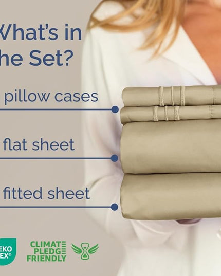 Full Size 4 Piece Sheet Set - Comfy Breathable & Cooling Bed Sheets Set - Hotel Luxury Bedding for Women, Men, Kids, Teens, Boys & Girls - Deep Pockets, Ultra-Soft and Wrinkle Free - Oeko-Tex - Beige