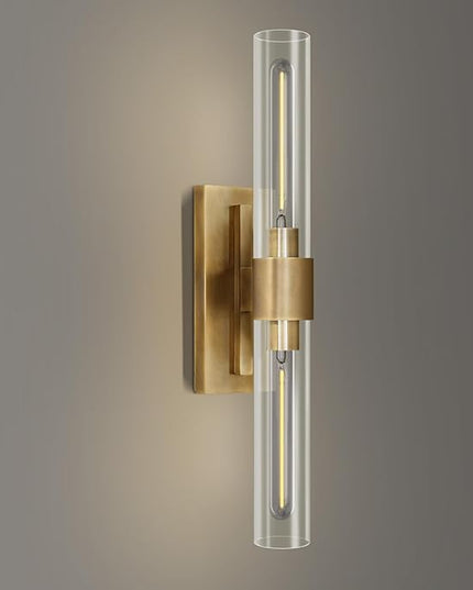 Wall Sconce, Brass Sconce for Bathroom Vanity, Gold Mirror Wall Light, 22.8" Indoor Wall Light Fixtures, Two Glass Tube Brass Wall Sconce for Bathroom, Bedroom, Vanity, Living Room