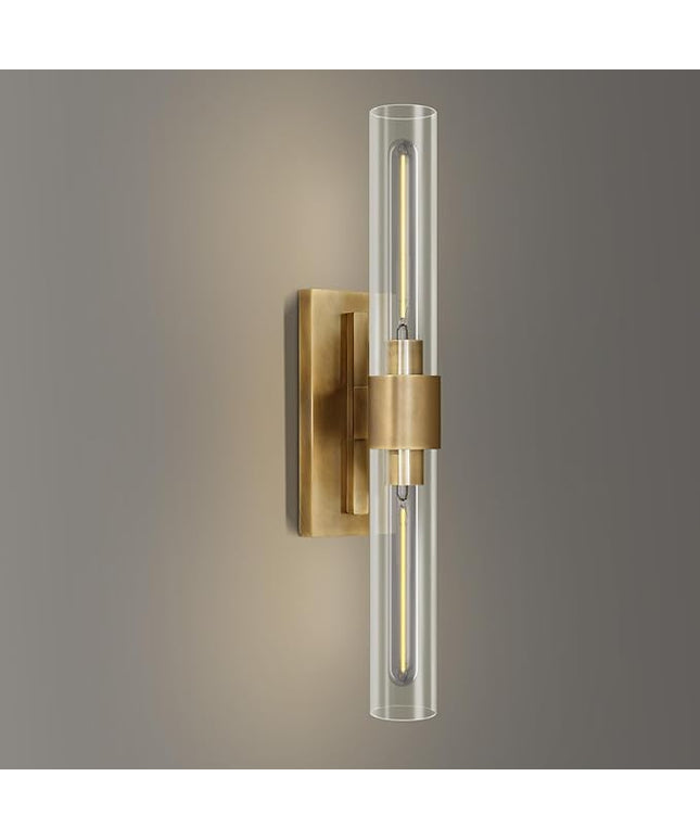 Wall Sconce, Brass Sconce for Bathroom Vanity, Gold Mirror Wall Light, 22.8" Indoor Wall Light Fixtures, Two Glass Tube Brass Wall Sconce for Bathroom, Bedroom, Vanity, Living Room