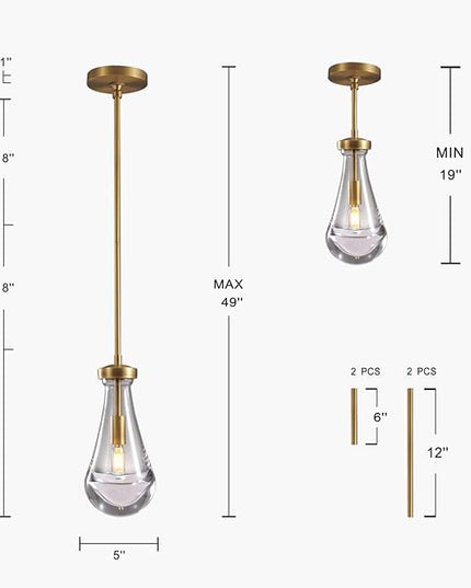 Modern Raindrop Pendant Lights, Pendant Lights for Kitchen Island, Brass Rod Dining Room Light Fixture， Clear Solid Raindrop Chandelier, Chandelier for Living Room Hallway, Including Bulb