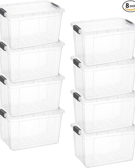 Superio Clear Storage Boxes with Lids, 14.25 Quart Plastic Container Bins for Organizing, Stackable Crates, BPA Free, Non Toxic, Odor Free, Organizers for Home, Office and Dorm, 8 Pack