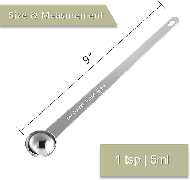 1PCS 1 Teaspoon Coffee Scoop, 9" Long Handle Measuring Spoon, 1tsp (5 ml) Stainless Steel Scooper