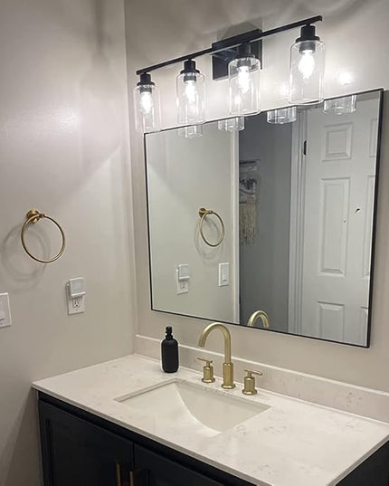 MELUCEE 4 Lights Sconces Wall Lighting Black with Clear Glass Shade, Industrial Bathroom Light Fixtures Vanity Lights Porch Light Fixtures Wall Mount (Patent No.: US D963914 S)