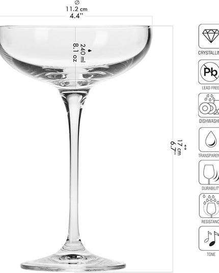 Krosno Champagne Coupes & Glasses | Set of 6 | 8.1 oz | Harmony Collection | Perfect for Home, Restaurants and Parties | Prosecco Glass | Dishwasher Safe | Lead-Free Crystal Glass