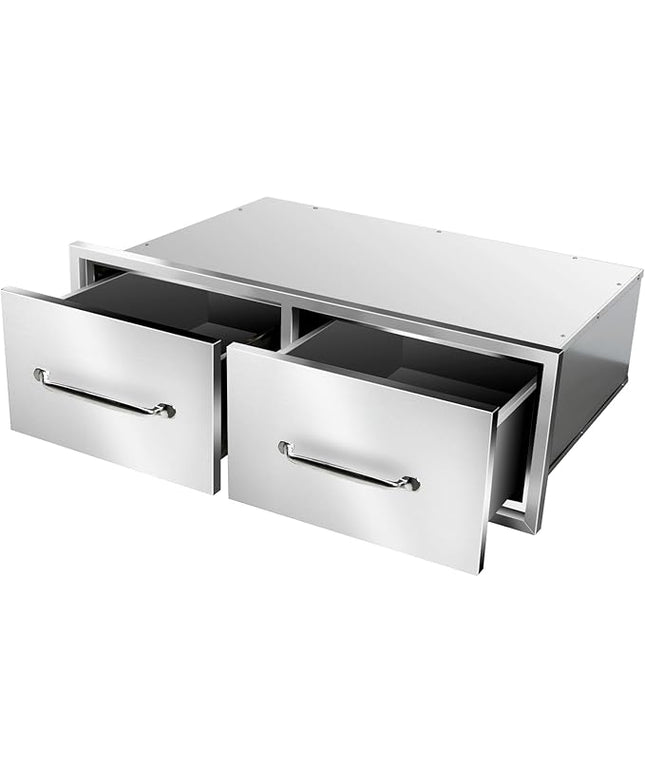 Outdoor Kitchen Drawers 30" W x 10" H x 20" D Flush Mount Horizontal Double Drawers with Chrome Handle,Stainless Steel Built-in BBQ Drawer for Outdoor Kitchen Island, Patio Grill Station