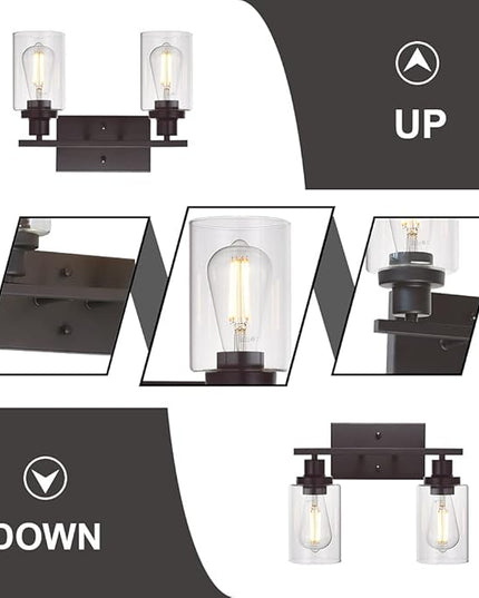 MELUCEE 2-Light Industrial Bathroom Lighting Oil Rubbed Bronze with Clear Glass Shade, Porch Light Fixtures Wall Mount Sconces for Bedroom Living Room Kitchen (Patent No.: US D963914 S)