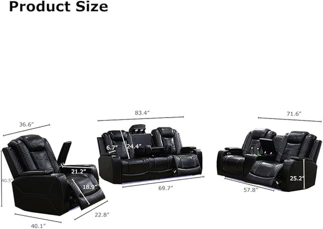 Power Recliner Sofa Set with Drop-Down Table, 3-Piece Leather Reclining Sofa Sectional Couches, Living Room Furniture Sets, Reclining Sofa with Cup Holders/Storage Console for House(Black)