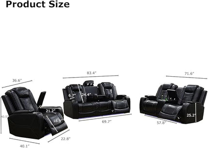 Power Recliner Loveseat Set, Black Leather Reclining Sofa Sectional Couch, 2 Seater Reclining Couches, Living Room Furniture Sets, Reclining Sofa with Cup Holders/Storage Console for House