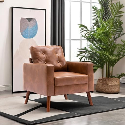 PU Accent Arm Chair with Tufted Back, Faux Leather Comfy Upholstered Single Sofa, Mid Century Modern Side Club Chair with Wood Legs for Reading/Living Room/Bedroom, Caramel