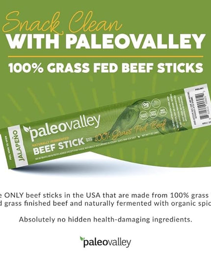 Paleovalley 100% Grass Fed Jalapeno Beef Sticks - Delicious Gluten Free Beef Snack - High Protein Keto Friendly
