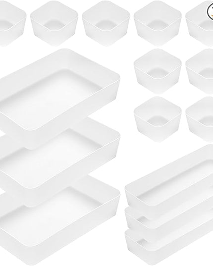 Poeland 15 Pcs Drawer Organizer Tray Storage Box for Bedroom Dresser Bathroom Kitchen, Frosted
