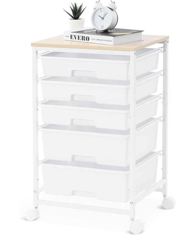 Utility Cart with 5 Drawers,Storage Drawer Cart with Wooden Tabletop and Lockable Wheels,Craft Storage Trolley Cart,5-Tier Rolling Utility Cart on Wheels,Bright White