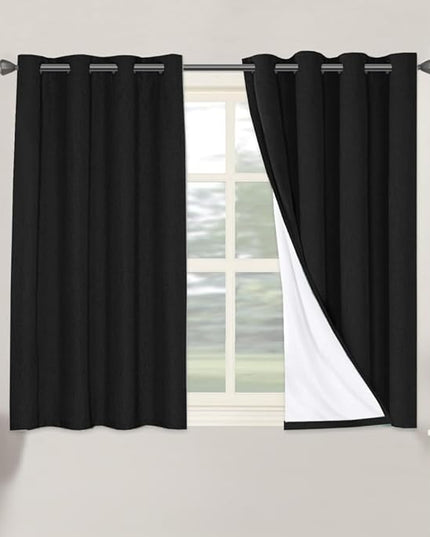 H.VERSAILTEX 100% Blackout Curtains for Bedroom Thermal Insulated Linen Textured Curtains Heat and Full Light Blocking Drapes Living Room Curtains 2 Panel Sets, Black, 52x45 Inch