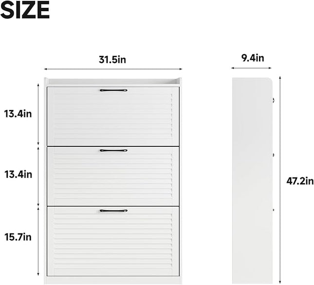 Maupvit Shoe Storage Cabinet with 3 Flip Louvered Doors, Freestanding Organizer with Metal Hinges, Shoe Cabinet for Entryway, Narrow Shoe Rack Cabinet, White