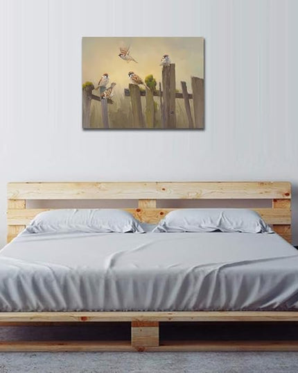 Bird Wall Art Birds Flying on The Wooden Fence Painting Decor Farmhouse Birds Canvas Art Print Pictures for Living Room Kitchen Home Office Decorations 24x32 inch