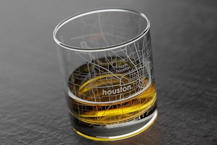 Well Told Engraved Houston Texas Map Rocks Glass, Old Fashioned Whiskey Glass (11 oz, Clear) Etched Whiskey Glass, Gifts For Whiskey Lovers