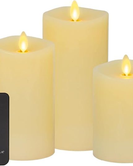 Luminara Realistic Flameless LED Set of 3 Ivory Pillar Candles, Home Safe Moving Flame Melted Top Illumination, Battery Operated Remote Control w/Timer
