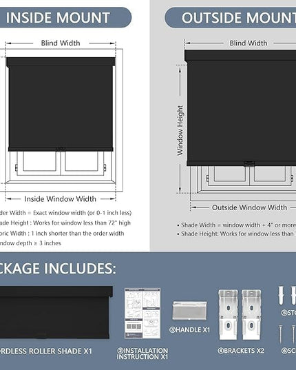 AOSKY Blackout Roller Shades Cordless Blinds for Windows, Free-Stop Shades with Valance, Thermal Insulated Fabric, UV Protection, Natural Woven Blinds for Home and Office (39" W x 72" H, Black)
