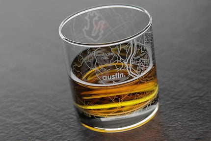 Well Told Engraved Austin Texas Map Rocks Glass, Old Fashioned Whiskey Glass (11 oz, Clear) Etched Whiskey Glass, Gifts For Whiskey Lovers