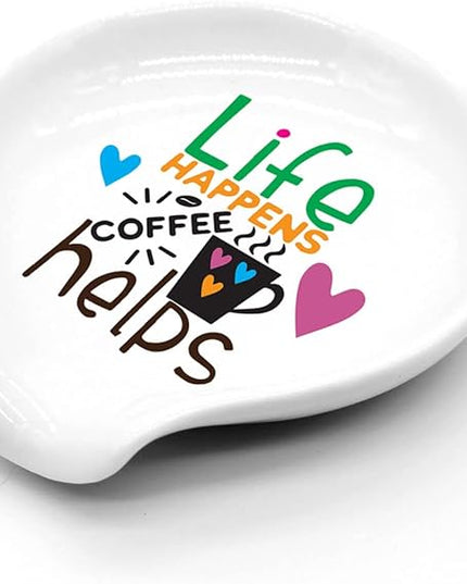 Funny Coffee Quote Colored Pattern Ceramic Coffee Spoon Holder-Coffee Spoon Rest -Coffee Station Decor Coffee Bar Accessories-Coffee Lovers Gift for Women and Men (Life Happens Coffee Helps)