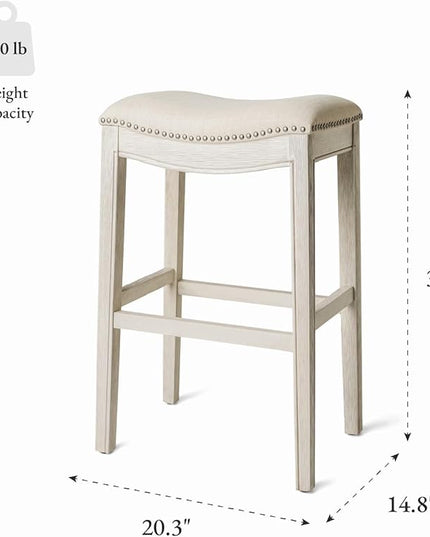 Maven Lane Adrien Backless Bar Stool – Set of 2 – 31 Inch Saddle Seat with Footrest – Cream Solid Wood Frame & Natural Fabric Upholstery – Ideal for Bars, Pub Tables & Tall Kitchen Counters