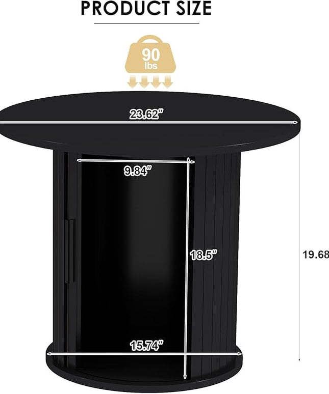 COSVALVE Round Wood Coffee Table 23.6IN with Hidden Storage & Sliding Door, Circle Farmhouse Side Table Sets for Living Room, Bedroom, Balcony, Small Spaces, Black