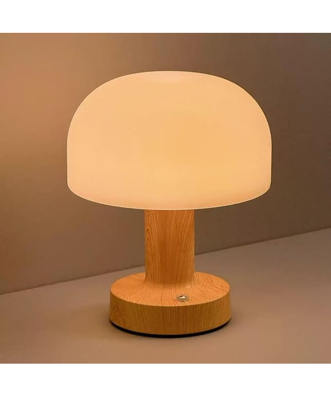 Mushroom Operated Table Lamp 3000mAh Cordless Rechargeable, Touch Dimmable Desk Lamp, LED Night Light for Patio Camping Restaurant Home, H7.3in, Wood Grain