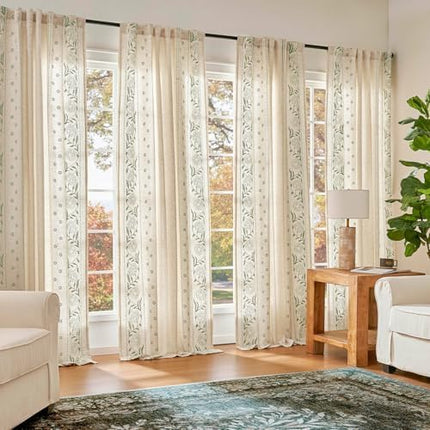 jinchan Winslow Lined Linen Curtains for Bedroom 84 Inches Linen Blended Embroidered Bordered Floral Curtains for Living Room Farmhouse Decor Window Treatments Sage on Beige Drapes 2 Panels