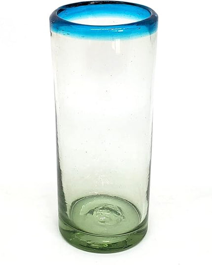 Aqua Blue Rim 15 oz Highball Glasses (set of 6), Recycled Glass, Lead-free, Toxin-Free (Highball)
