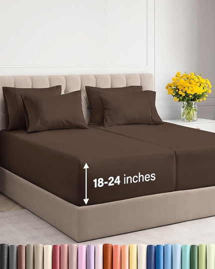 Extra Deep Split King Sheet Set - 7 Piece Breathable & Cooling Sheets - Hotel Luxury Bed Sheets Set - Easy & Secure Fit - Soft, Wrinkle Free & Comfy Sheets Set - Brown Sheet Set w/Extra Deep Pockets