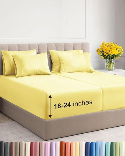 Extra Deep Split King Sheet Set - 7 Piece Breathable and Cooling Sheets - Hotel Luxury Bed Sheets Set - Easy Fit - Soft, Wrinkle Free and Comfy Sheets Set - Yellow Sheet Set with Extra Deep Pockets