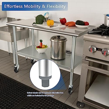 HARDURA Stainless Steel Table with Wheels 24 x 48 Inches Casters NSF Heavy Duty Commercial Work & Prep Table with Undershelf and Galvanized Legs for Restaurant Kitchen Bar and Hotel Garage