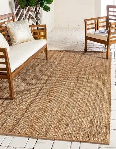 FRELISH DECOR Handwoven Jute Area Rug - 8x10 Feet Natural Yarn - Rustic Vintage Beige Braided Reversible Rectangular Rugs for Bedroom - Kitchen - Living Room - Farmhouse (8' x 10' Natural)