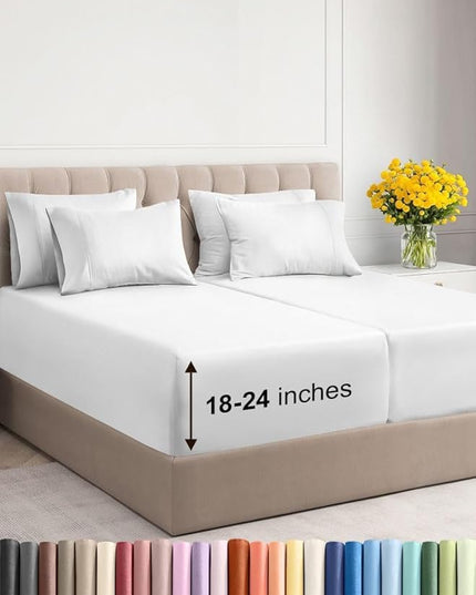 Extra Deep Split King Sheet Set - 7 Piece Breathable & Cooling Sheets - Hotel Luxury Bed Sheets Set - Easy & Secure Fit - Soft, Wrinkle Free & Comfy Sheets Set - White Sheet Set w/Extra Deep Pockets