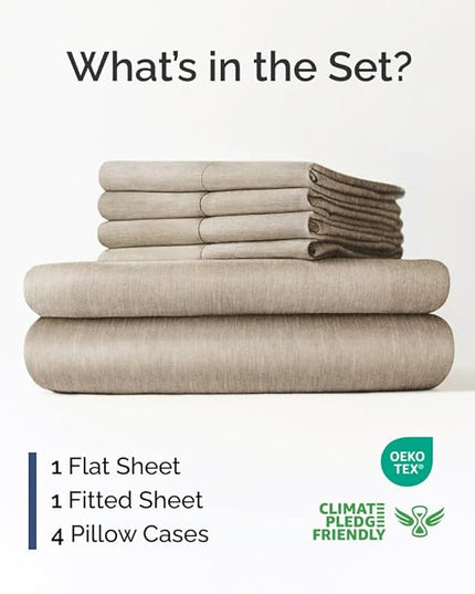 Extra Deep Full Sheet Set - 6 Piece Breathable and Cooling Sheets - Hotel Luxury Bed Sheets Set - Easy Fit - Soft, Wrinkle Free and Comfy Sheets Set - Heathered Beige Sheet Set with Extra Deep Pockets