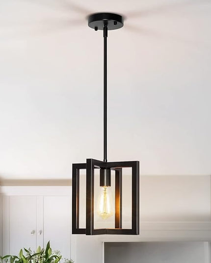 Modern Pendant Lighting for Kitchen Island 1-Light Farmhouse Black Light Fixtures Hanging Adjustable Small Square Chandeliers Ceiling for Dining Room Entryway Hallway