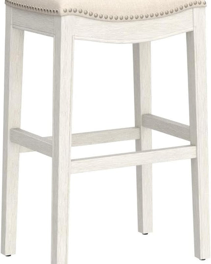 Maven Lane Adrien Backless Bar Stool – Set of 4 – 31 Inch Saddle Seat with Footrest – Cream Solid Wood Frame & Natural Fabric Upholstery – Ideal for Bars, Pub Tables & Tall Kitchen Counters