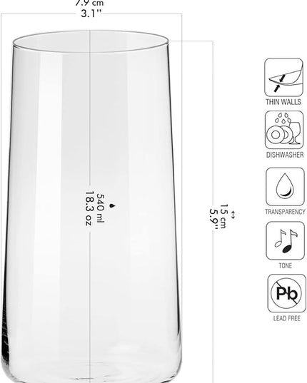 Krosno Tall Water Glasses, Set of 6, 18.3 oz, Avant-Garde Collection, Lightweight Crystal Glass, Perfect for Everyday, Dishwasher Safe, Made in Europe
