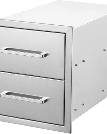 Outdoor Kitchen Drawers Stainless Steel 2-Drawer BBQ Drawer 14" W x 15" H x 23" D Enclosed Built-in Drawer Flush Mount for Outdoor Kitchens & BBQ Islands