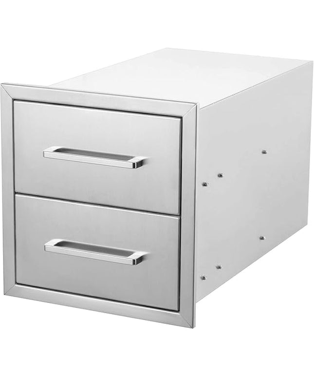 Outdoor Kitchen Drawers Stainless Steel 2-Drawer BBQ Drawer 14" W x 15" H x 23" D Enclosed Built-in Drawer Flush Mount for Outdoor Kitchens & BBQ Islands