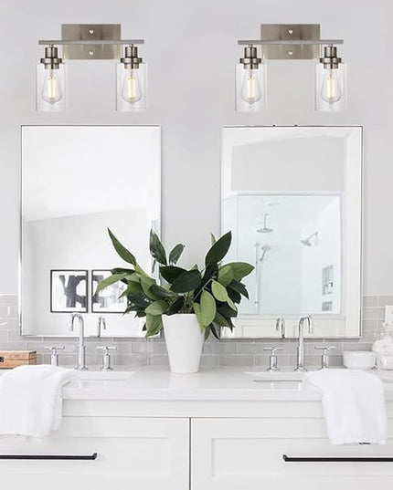 MELUCEE Metal Wall Lights with Clear Glass Shade 2 Heads Bathroom Light Fixtures Brushed Nickel Modern Vanity Lights Sconces for Hallway Bedroom Kitchen (Patent No.: US D963914 S)